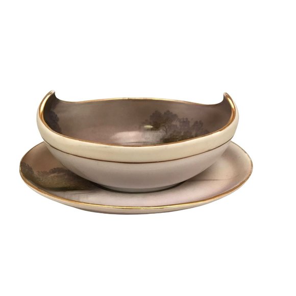 Noritake "M" Morimura Handpainted Sauce Bowl & Underplate Cabin on the Lake 6.5" - Picture 2 of 9